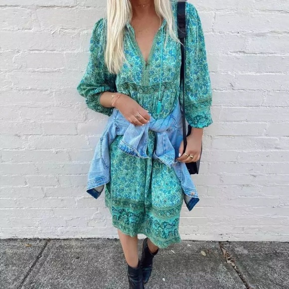 Dresses & Skirts - SOLD OUT Aqua Bohemian Floral Camel Long Sleeve Bohemian Gypsy Dress